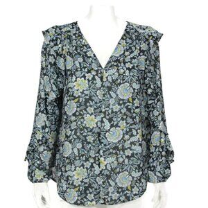 ANN TAYLOR Floral Black Blue Yellow Ruffle Long Sleeve Cottagecore Top sz M /112
